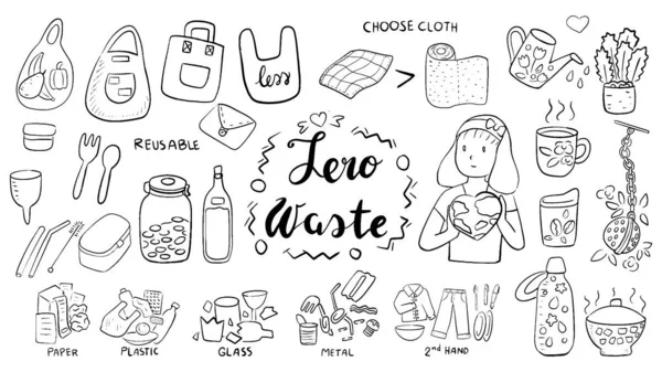 Hermosa Ilustración Lindo Doodle Conjunto Cero Residuos Estilo Vida Concepto — Vector de stock