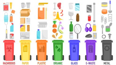 Renkli vektör. Atık ayrımı, çöp geri dönüşümü, kategoriler, problem ve çözüm. Çevre koruma kavramı, geri dönüşüm, yeniden kullanma, azaltma. Zararlı, kağıt, cam, organik, metal, E-atık, 