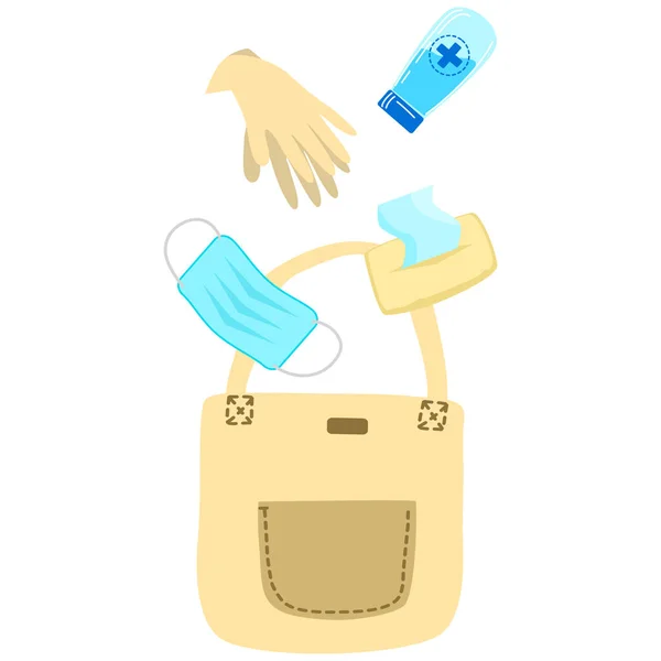 Diseño Plano Ilustración Tela Bolsa Con Gel Alcohol Desinfectante Manos — Vector de stock