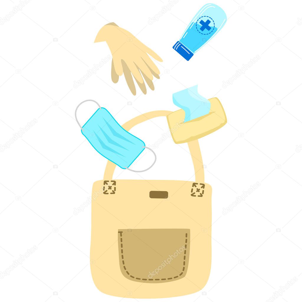 flat design illustration cloth bag with alcohol gel, hand sanitizer, gloves, face mask Concept of daily life in pandemic with necessary item
