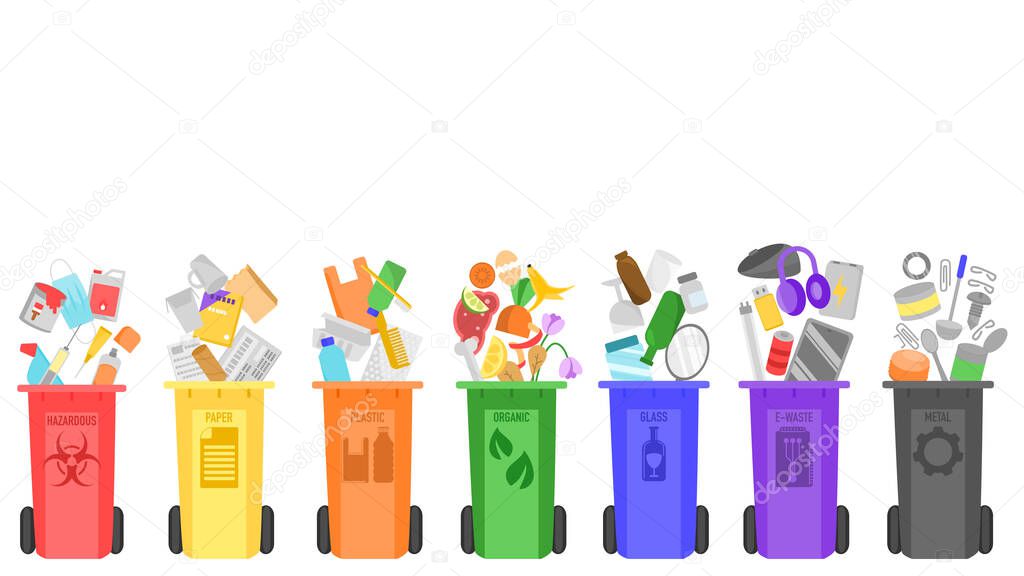 garbage,rubbish,trash,junk,waste management,segregation and disposal concept illustration vector. colorful flat design. Hazardous, paper, plastic,glass, E-waste, metal, organic.