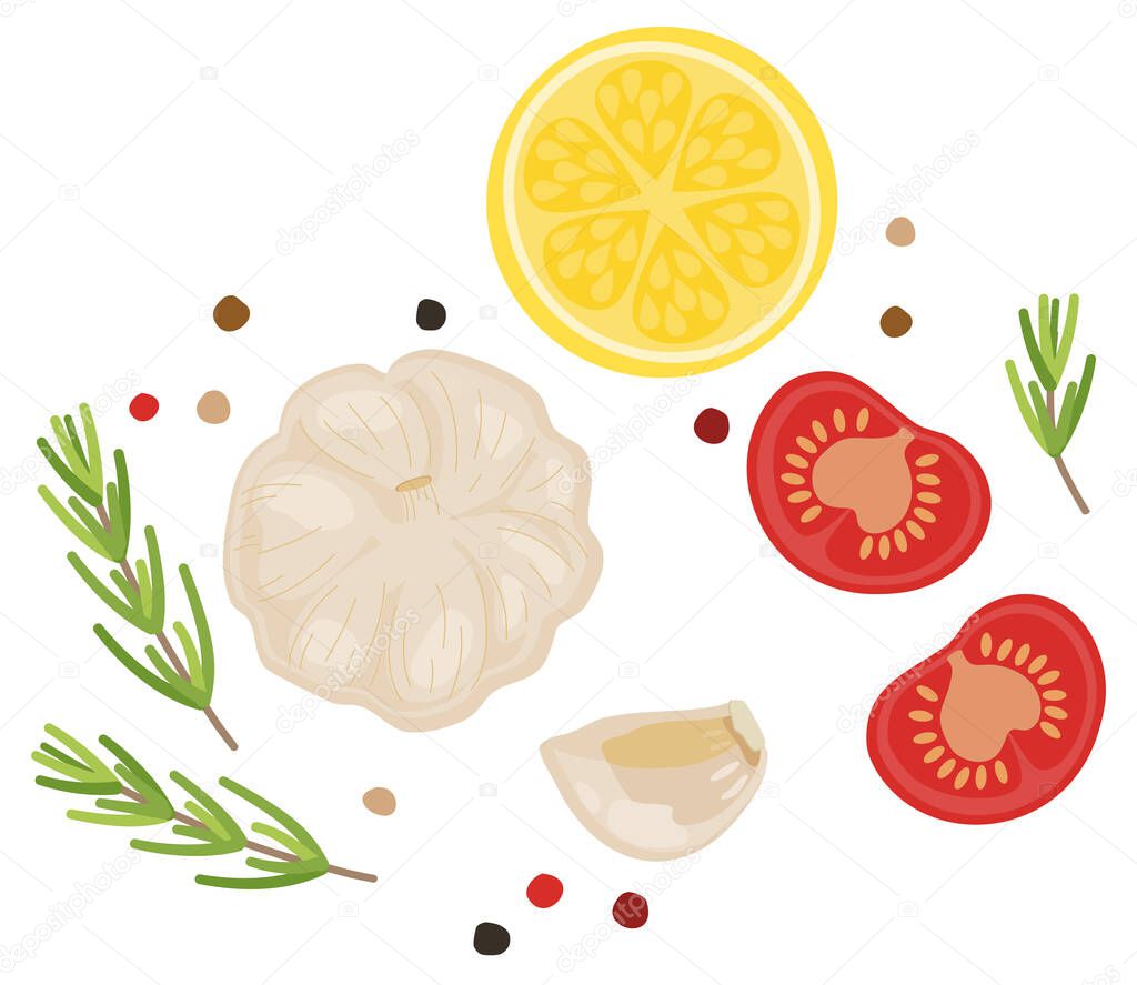 flat design healthy eating and fresh diet ingredient concept illustration decoration flat lay top view isolated on white background. Herb and spice, tomato,lemon,garlic,pepper, 