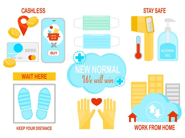 Infografische Illustration Des New Normal Konzepts Schutzkleidung Gesichtsmaske Temperaturthermometer Arbeit — Stockvektor