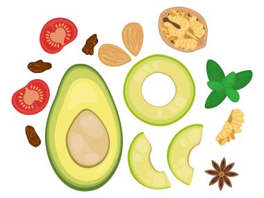 Avokado, domates, fındık ve kuru üzümün düz besin çizimi