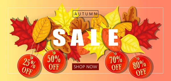 Herfst Verkoop Web Banner Achtergrond Met Prijskaartjes Tonen Korting Korting — Stockvector