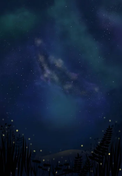 digital painting illustration of starry sky galaxy at night time with silhouette shadow of floral and glass as foreground  . Aspect of hope, mystery, relaxation.