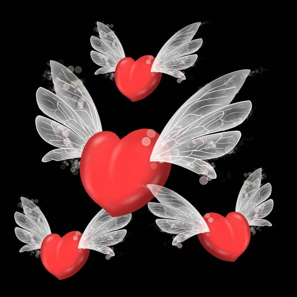 Digital Painting Illustration Airbrush Style Flying Red Hearts White Fairy — Stock Photo, Image