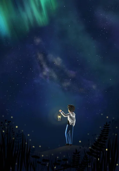 Ilustración Pintura Digital Galaxia Cielo Estrellado Noche Con Sombra Silueta — Foto de Stock