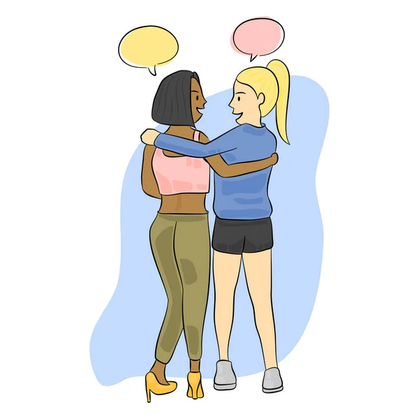 Девушки Обнимают Друг Друга Приветствуя Разговаривая Обсуждая Слова Пузыри — стоковый вектор