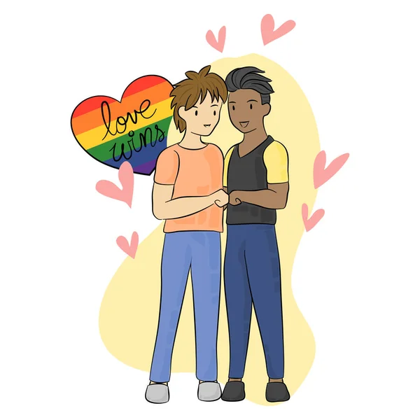 LGBTQ ve birliktelik kavramı, erkekler birbirlerini gökkuşağı kalbiyle kucaklayıp kucaklarlar ve aşk kazanır. 