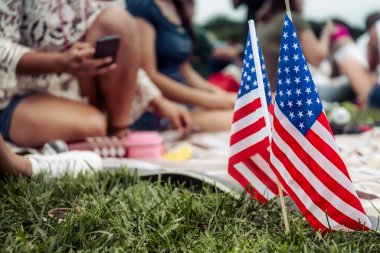 Toprağa Amerikan bayrakları saplanmış insanlar çimlerin üzerinde oturuyorlar..