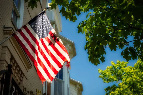 Die Sonne Stochert Durch Die Bäume Auf Einer Amerikanischen Flagge — Stockfoto