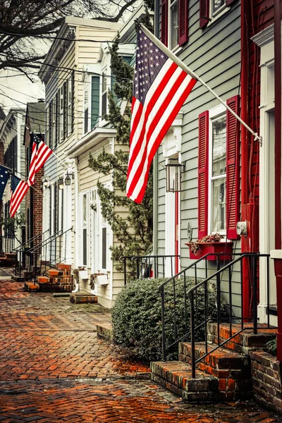 Vlaggen Zwaaien Een Bewolkte Dag Een Noordelijke Straat Virginia — Stockfoto