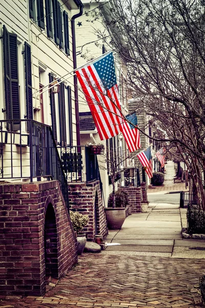 Flags Waving Cloudy Day Northern Virginia City Street — Stock Photo, Image