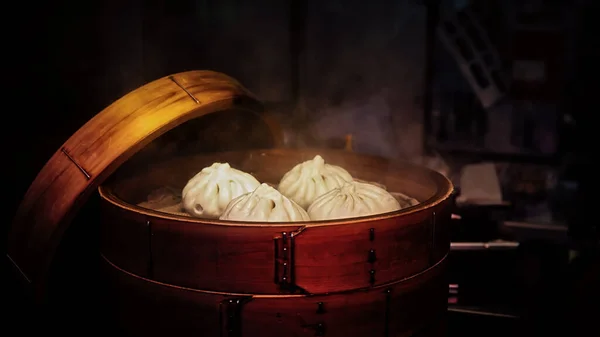 Asiatiska Dumplings Kallas Dimsum Matlagning Ett Trä Ångfartyg Yokohamas Chinatown — Stockfoto