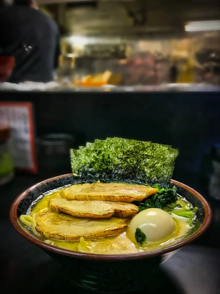 Hearty Bowl Ramen Pork Seaweed Paper Boiled Egg Sits Tabletop — Stock Photo, Image