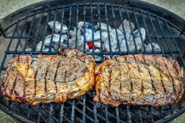 İki baharatlı biftek, küçük bir ızgarada kömürün üzerinde oturuyor..