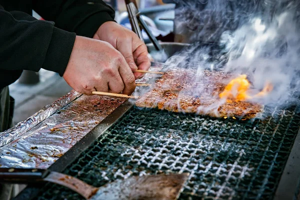 Vlees Een Stokje Kokend Een Grill Yokosuka Japan — Stockfoto