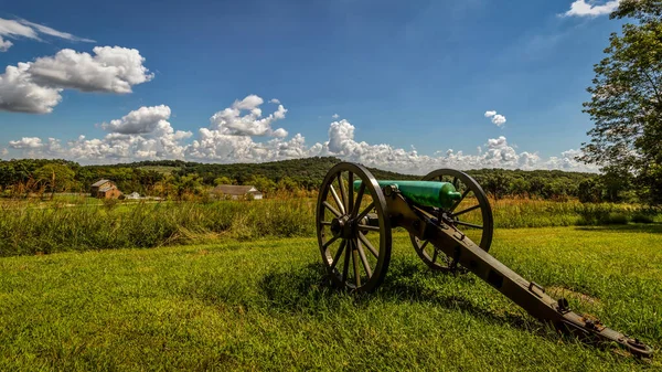 An American Civil War cannon sits in  the side of a Pennsylvania hill.