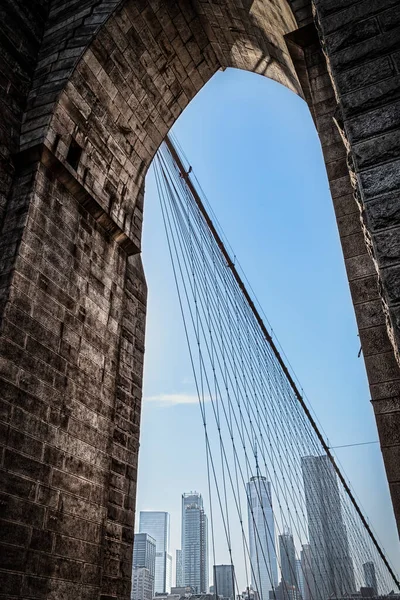 Looking back at New York City from the Brooklyn Bridge.