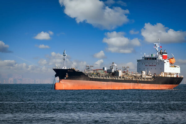 A tanker sits anchored in Tokyo Bay near Yokosuka, Japan.