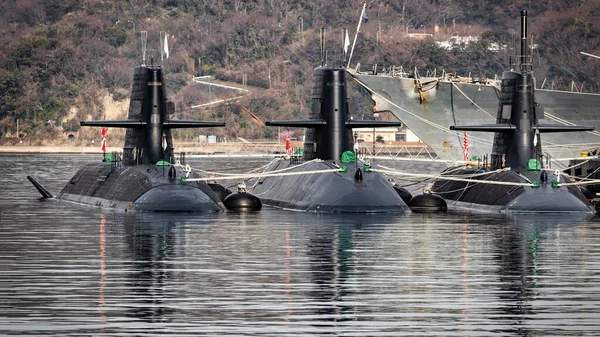 Три Підводні Човни Морських Сил Самооборони Японії Jmsdf Пришвартовані Гавані — стокове фото