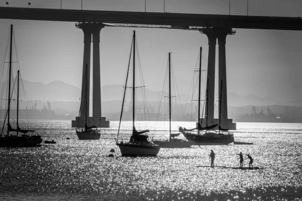 San Diego Bay Plachetnicemi Kotvícími Pádlovými Prkny Kolem Mostu San — Stock fotografie