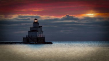 Kuzey rıhtımında kış ve Manitowoc, Wisconsin limanında deniz feneri..