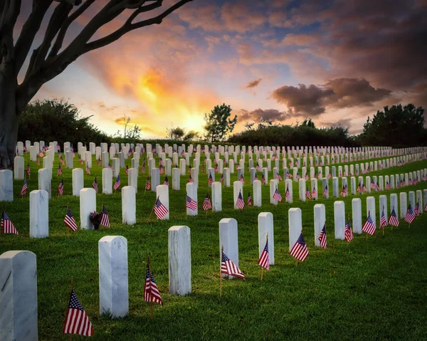 Güney Kaliforniya Daki Ulusal Mezarlıkta Gün Batımı Amerikan Bayrakları Anma — Stok fotoğraf