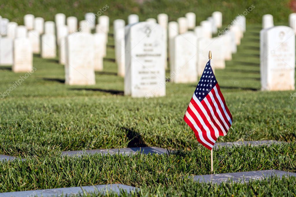 A flag on a grave at a southern California cemetery.