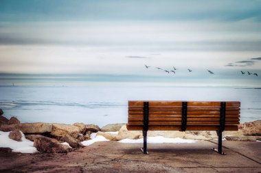 Green Bay, Wisconsin 'in donmuş körfezine bakan bir park bankı.