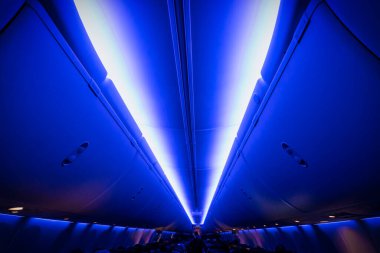 İnsanların uyuyup kitap okuduğu mavi bir uçağın içi..