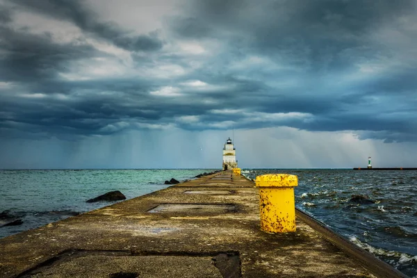 August Storm North Pier Manitowoc Wisconsin Lake Michigan — Stock Photo, Image