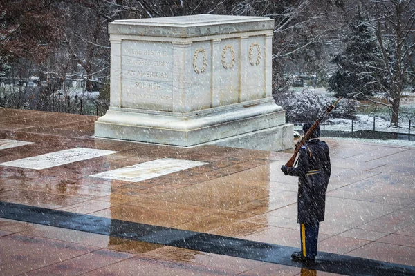 Nieve Cae Sobre Tumba Del Soldado Desconocido Cementerio Nacional Arlington — Foto de Stock