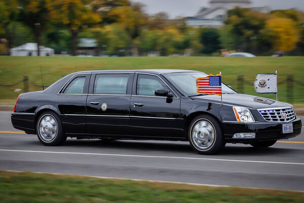 The presidential limosine, nicknamed 'The Beast,' carries President Trump in a motorcade.