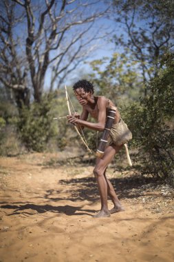 Tsumkwe, Bushmanland, Namibya-23 Haziran 2017: She 'hoansi San turistler geçerek geleneksel kültürü göstermektedir. San şimdi geleneksel kültürünü göstererek bir gelir elde