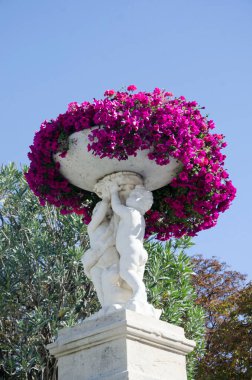 Parktaki beyaz mermer heykel Pembe parlak çiçekleri tutan oğlanlar.