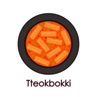 Tteokbokki Noodle vektörü. Tteokbokki Kore yemeğidir. Kore kase vektörü. Beyaz arka planda Kore kupası. 