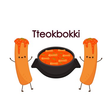 Tteokbokki noodle vektörü. Tteokbokki karakter tasarımı. Baharatlı pirinç keki..