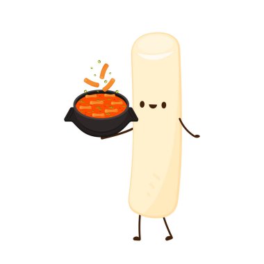 Tteokbokki noodle vektörü. Tteokbokki karakter tasarımı. Baharatlı pirinç keki..