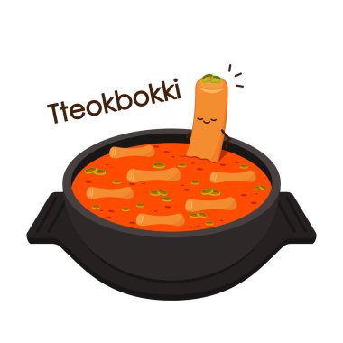 Tteokbokki noodle vektörü. Tteokbokki karakter tasarımı. Baharatlı pirinç keki..