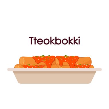 Kağıt tabakta Tteokbokki eriştesi. Kore yemeği. Baharatlı pirinç keki. Tteokbokki 'den Pick vektörü.
