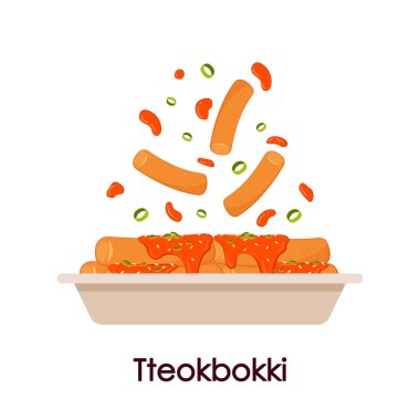 Kağıt tabakta Tteokbokki eriştesi. Kore yemeği. Baharatlı pirinç keki. Tteokbokki 'den Pick vektörü.