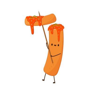 Tteokbokki noodle vektörü. Tteokbokki karakter tasarımı. Baharatlı pirinç keki..