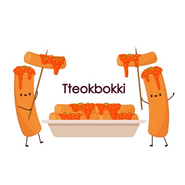 Tteokbokki noodle vektörü. Tteokbokki karakter tasarımı. Baharatlı pirinç keki..