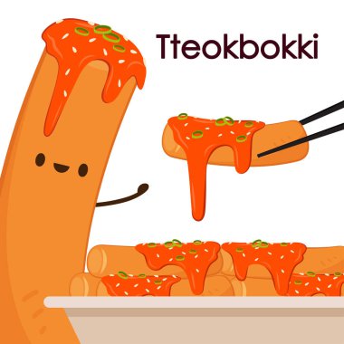Tteokbokki noodle vektörü. Tteokbokki karakter tasarımı. Baharatlı pirinç keki..
