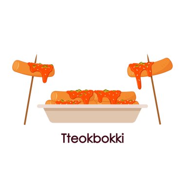 Kağıt tabakta Tteokbokki eriştesi. Kore yemeği. Baharatlı pirinç keki. Tteokbokki 'den Pick vektörü.