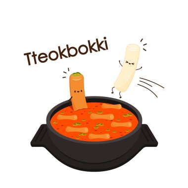 Tteokbokki noodle vektörü. Tteokbokki karakter tasarımı. Baharatlı pirinç keki..