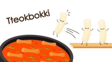 Tteokbokki noodle vektörü. Tteokbokki karakter tasarımı. Baharatlı pirinç keki..