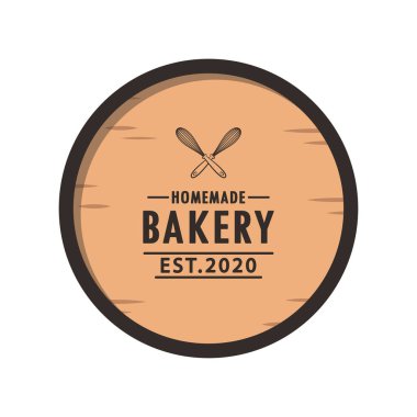 Ahşap üzerinde fırın logosu tasarımı. Pastane sembolü vektörü. Çırpma logosu.